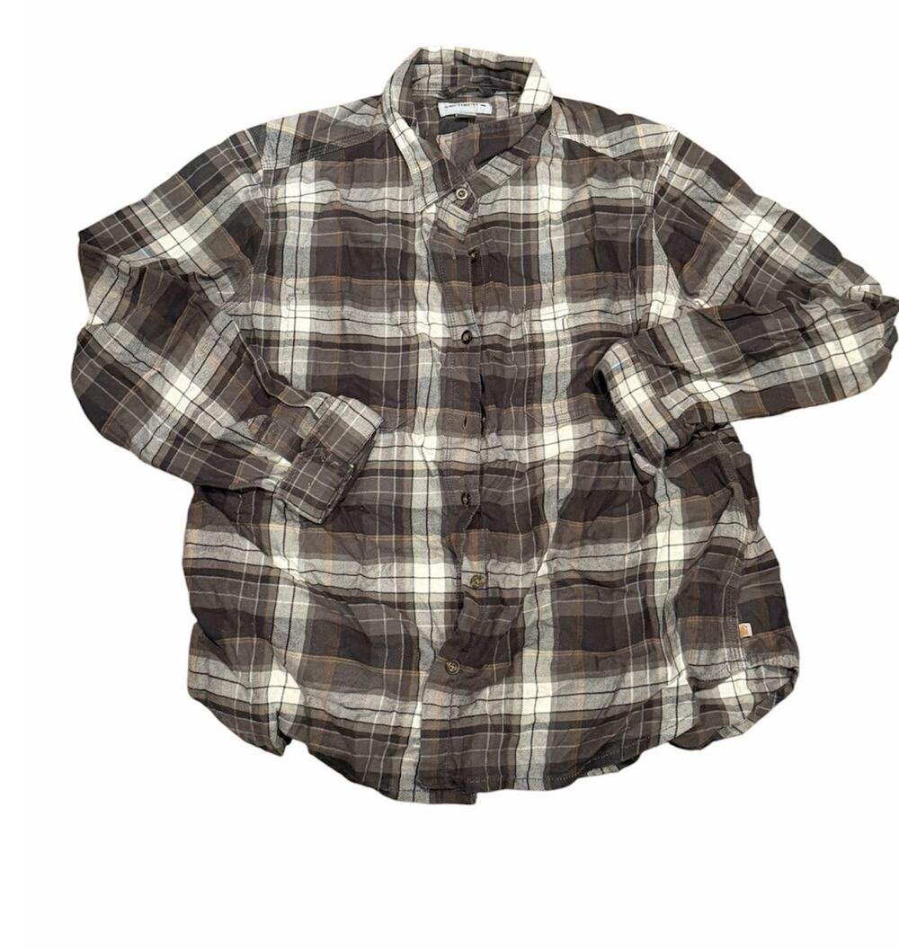 Carhartt XL Plaid Flannel Shirt Gray White Button Down Outdoor Workwear